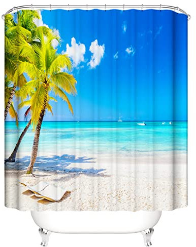 OCEUMACO 3D Strand Motiv Duschvorhang 180x200 Meer Beige Landschaft Shower Curtains Textil Antischimmel Wasserdicht Palmen Blätter Blau Duschvorhänge Badewanne Stoff aus Polyester Waschbar