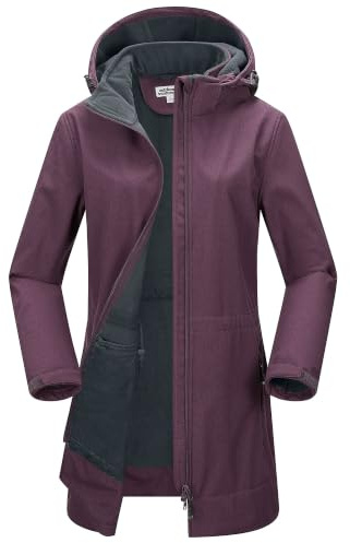 Chaqueta larga de mujer Outdoor Ventures con capucha, Softshell, forro polar y resistente al viento, impermeable, fucsia, XL