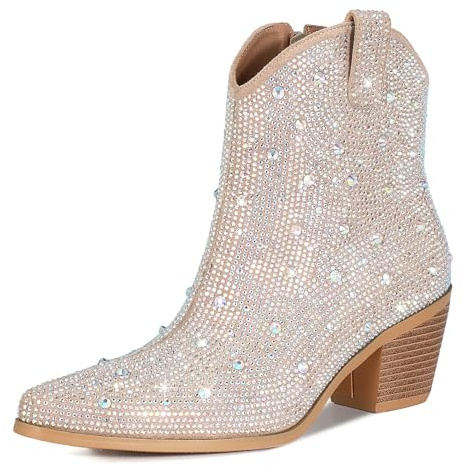 FIFSY Women Rhinestone Cowboy Boots Glitter Chunky Heel Sparkly Cowgirl Ankle Boots…, Beige, 8 UK