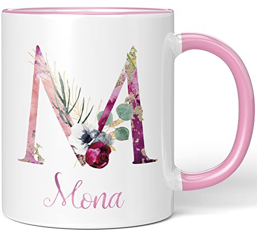 JUNIWORDS Tasse, Mona, Name Anfangsbuchstabe Initial Alphabet Floral Buchstabe M Monogramm Motiv, Rosa (5529422)
