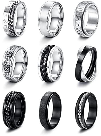 CASSIECA 9 Stück Herren Ring Fidget Spinner Anti Angst Ringe Band Ketten Ringe Silber Schwarze Ehering Verlobungsringe Zappel Ring Geburtstag Geschenke für Herren Größe 65