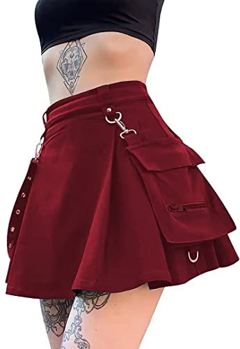 Ruolai Goth schwarzer Faltenrock mit Kette, hohe Taille, Tennisrock, Wein, Mittel