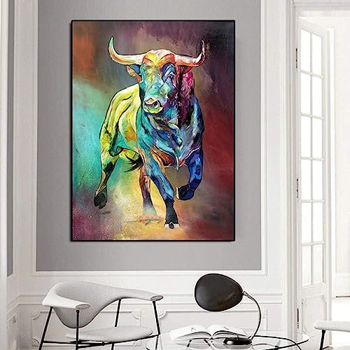 MHLCMG Leinwand Malerei Abstrakter Bunter Stier Bilder Wandkunst Moderne Tier Poster Kunstdruck Bild Wand Wohnzimmer Schlafzimmer Dekor Kein Rahmen (60X80CM)