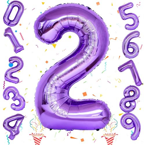 Luftballon Zahlen 2, Riesen Mylar Zahl Ballon 2 Lila Geburtstagsdeko, 40 Zoll Folienballon für Kinder Mädchen 2. Geburtstag Party Deko Frauen 2 Hochzeiten Jubiläum Dekoration, Fliegt mit Helium