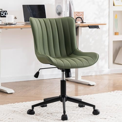 Kidol & Shellder Home Office Chair Swivel Armless Desk Chair Faux Leather Upholstered Office Computer Chair Modern Swivel Rocking Desk Chairs with Adjustable Tilt Angle, Olive Green