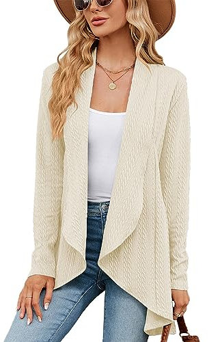 QKEPCY Cardigan Donna Elegante Manica Lunga Giacca Cardigan Casual Maglia Cappotto Aperto Maglia Lavorato Coprispalle(Albicocca L)