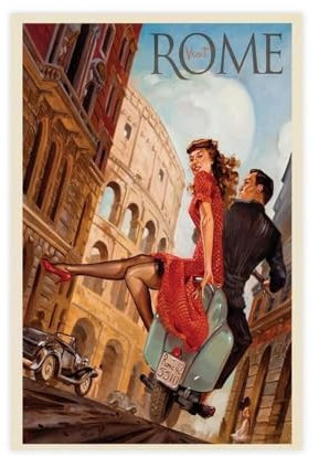 Vintage-Reiseposter Rom von Vespa Italien, Leinwand-Poster, Wandkunst, Dekordruck, Bild, Gemälde für Wohnzimmer, Schlafzimmer, Dekoration, ungerahmt, 30 x 45 cm