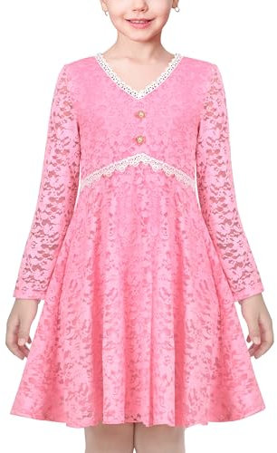 Sunny Fashion Robe Fille Rose Dentelle Princesse Col en V Mariage Partie Formel Manche Longue 10 Ans