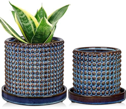 Oairse Ceramic Plant Pot 15CM + 11CM Bubble Ceramic Planter with Drainage Holes Blue Flower Pots Beaded Design Decorative Plant Pots Indoor pour Cactus Snake Plant Houseplant