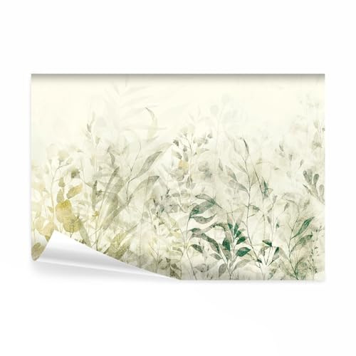 decomonkey Papier Peint Panoramique Adhésif Nature 343x256 cm Vert jaune | Stickers Muraux Salon Chambre Déco XXL Autocollant Panoramique Bureau, Feuilles plantes nature paysage, beige gris