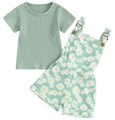Geagodelia 2 Pezzi Compleito Pantaloncini Bretelle da Bambina Maglietta a Manica Corta A Coste in Tinta Unita con Stampa a Margherita Pantaloncini Interi Vestiti Estivi (A Verde, 4-5 Years)