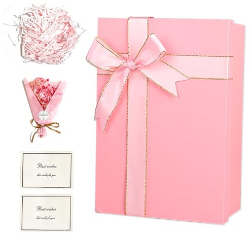 VINEST Geschenkbox mit Deckel, Geschenkbox Geburtstag Schick Geschenk Box, Geschenkkarton mit Kardiert & Raffia, Geschenkverpackung Gift Box für Vatertag Muttertag Weihnachten (Rosa)