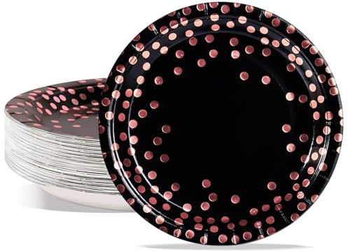 AIPartywar Party Paper Plates, 50-Pack Disposable Black and Rose Gold Plates, Foil Polka Dots, 9-Inch Dinner Plates for Graduation Wedding Birthday Party