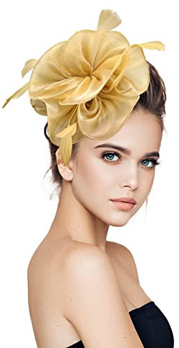 Fascinators for Weddings,Rave Festival Elegant Mesh Lace Headband and Clip Party Hat Cocktail Tea Party Headwear Fascinators for Weddings Ascot Hat Evening Prom Ladies Hats Gold