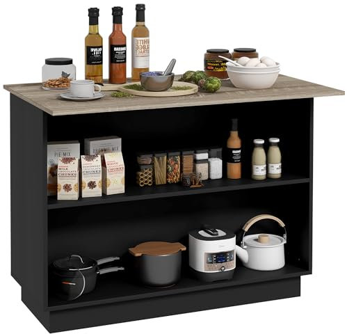 HOMCOM Isla de Cocina Mueble de Cocina con Estantes Ajustables 2 Estantes Abiertos y 2 Puertas Estilo Moderno Carga 100 kg 105x60x82 cm Negro y Roble