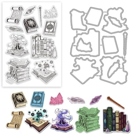 GLOBLELAND Zauberbuch Transparente Stempel Und Stanzformen Zur Kartengestaltung Kristallstab Transparenter Silikonstempel Und Metall Stanzformen Für Scrapbooking Fotoalbum Basteln Halloween Dekor