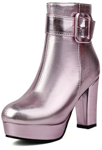 crazynekos Damen Metallic Chelsea Stiefeletten mit seitlichem Reißverschluss und modischer, quadratischer Schnalle, klassischer Blockabsatz, Plateau-Stiefelette, rose, 42.5 EU