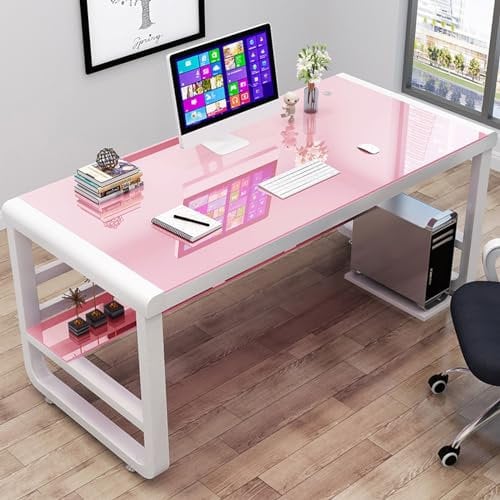 Modern Pink Gaming Computer Desk with Tempered Glass Top and Storage Shelves (80x60x75cm)