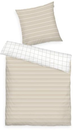 TOM TAILOR Renforcé-Bettwäsche, 70x90 cm + 140x200 cm, 100% Baumwolle/Renforcé, Mit Wendemotiv und farbigem Markenreißverschluss, Check & Stripes Beige (Sunny Sand & Crisp White)