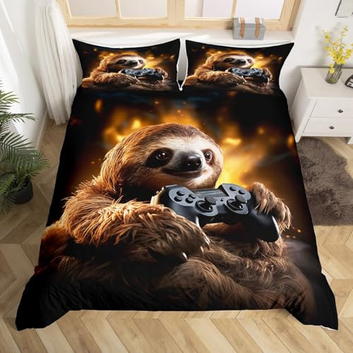 Cartoon Sloth Kids Duvet Cover King Size,Gaming Gamepad Video Games Controller Bedding Set,Boys Men Room Decor,Cute Wild Animals Brown Black Fashion Comforter Cover 2 Pillowcases,No Comforter