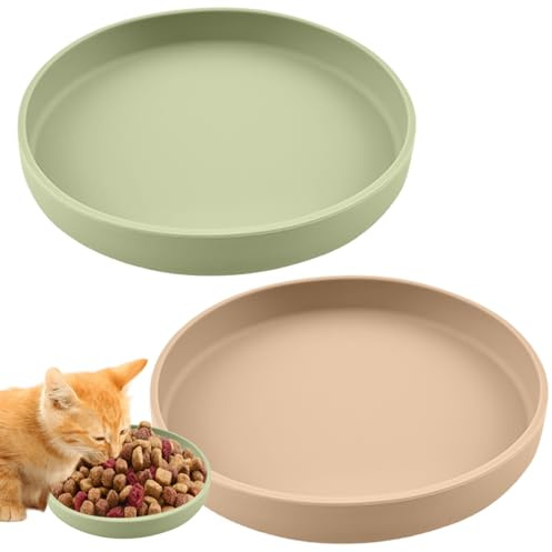 Lot de 2 gamelles pour chat - Gamelles colorées en silicone - Large gamelle plate pour nourriture sèche et humide (vert, abricot)