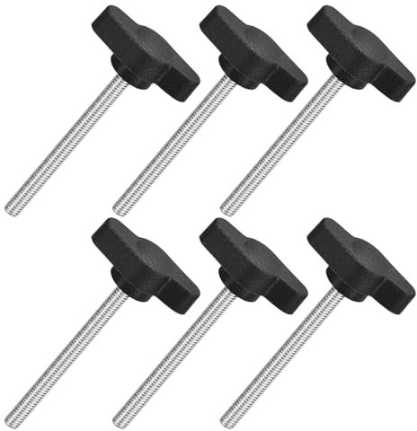 QUARKZMAN M4 x 45mm Tornillos Moleteados, 6pcs Perillas de Ala en T Rosca Macho de Acero Inoxidable 304 Tuerca Pomo de Mango Asas Ajustables Sujeción Manual para Máquina, Negro, 27mm Ancho