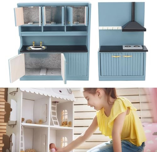 Miniatur-Küchenmöbel-Set, Handgefertigtes Puppenhaus-Möbelset aus Holz, Miniatur-Küchendekoration Im Maßstab 1:12 für Puppenhaus, Birkenmaterial