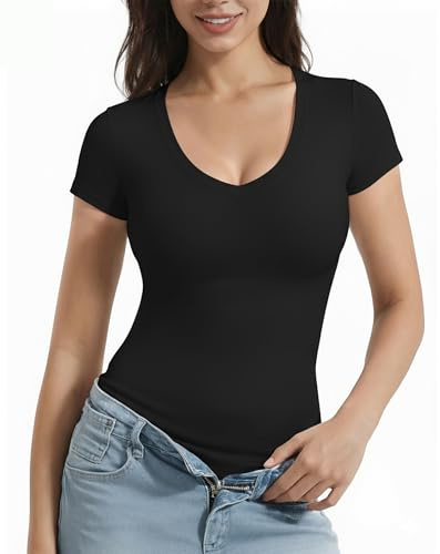 ALGALAROUND Women Short Sleeve V-Neck Summer UK Slim Top | Fitted Basic Women's T-Shirts Sexy T Shirt Going Out Sexy Shirt