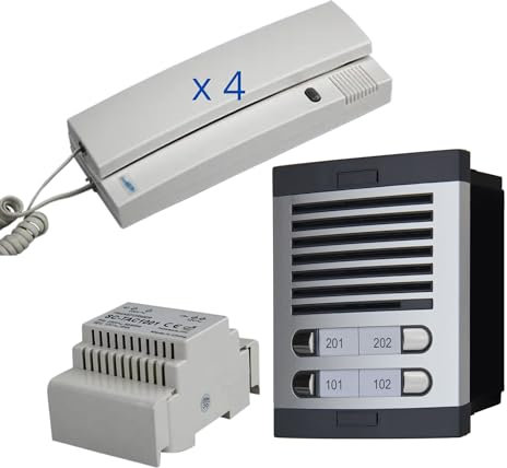 Kit de Portero Automático - 2 Hilos, 4 viviendas facil instalación, Completo Placa de Calle, Caja, alimentador DIN 12Vac/1A y 4 teléfonillos (4 Pisos)