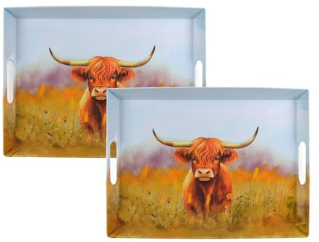YöL Pack of 2 Highland Cow Serving Tray Design - Drinks Food Snacks Carrier With Handles - Plastic Melamine - Breakfast Lunch Dinner Summer Dining Watercolour Animal Print