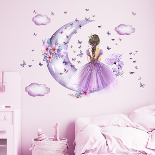 Schmetterling Mädchen Wandaufkleber,Mond Wolken Blume Fee Wandabziehbild,Floral Wandbild Schmetterlinge Wandkunst für Mädchen Baby Kinderzimmer Schlafzimmer Spielzimmer- Lila