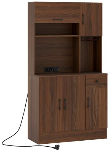 GIANTEX Meuble de Rangement 167 cm, Buffet Cuisine avec Support à Verres, Prises de Courant, Tiroir à Couverts, Étagères Ajustables, Grand Plan de Travail, Buffet pour Salle à Manger