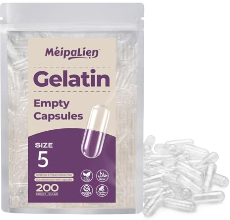Gélules vides à remplir taille 5 – 200 unités, capsules de gélatine vides, résolution rapide, petit emballage, Halal, Non OGM, Sans gluten, compatible avec la machine de remplissage de capsules 5
