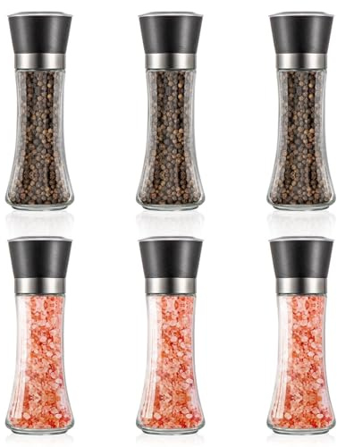 SUNNYNEST 6 Pack Salt and Pepper Grinder Set 200ml Adjustable Ceramic Mills | Glass Spice Grinding Set adjustable coarse fine settings moisture resistant lids keeps fresh for kitchen dining cooking