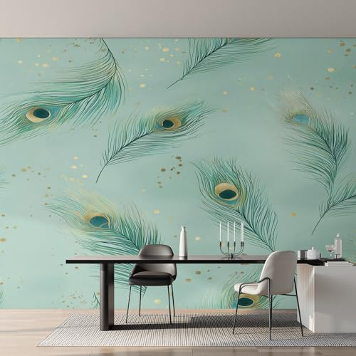 Peacock Feather Wallpaper, Colorful Feathers Green Wallpaper, Wall Mural for Living Room Bedroom, Home Decor, Photo Wall Paper, 315 x 215 cm KJG&P1