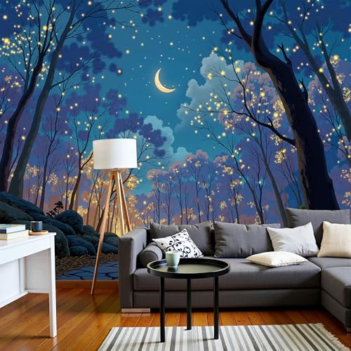 Carta Da Parati Panoramica Foresta Lucciole Sogno Blu-Verde Fotomurale Poster Paesaggio Del Cielo Notturno Grande Murale Decor Da Parete Soggiorno Camera Letto Bambini Carta Da Parati Muro 350X256Cm