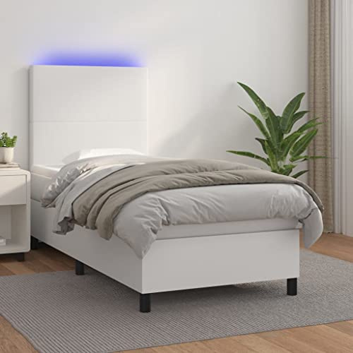 Hommdiy Boxspringbett mit Matratze & LED Weiß 100x200 cm Kunstleder Polsterbett Einzelbett Schlichtes Design