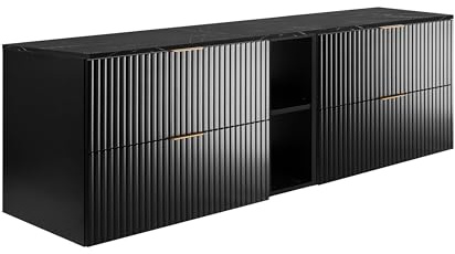 3E 3xE living.com Wandhängender Badezimmerschrank, schwarz/Schwarze Marmor-Optikarbeitsplatte (MDF), 180 x 57 x 46 cm