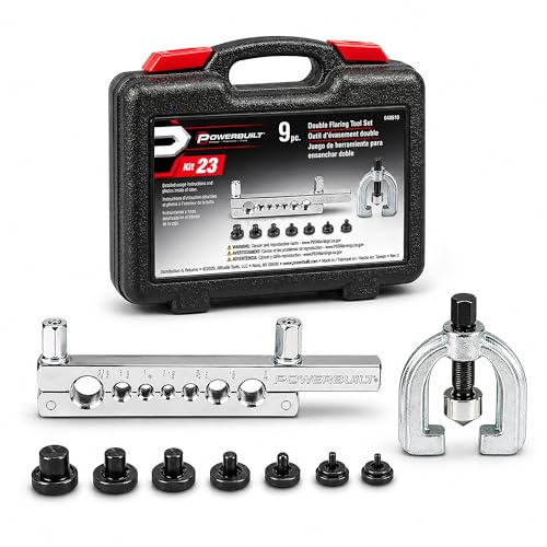 Powerbuilt 9 Piece Double Flaring Tool Set, Use on Copper, Aluminum, Soft Steel Brake Line and Brass Tubing, Storage Case - 648610