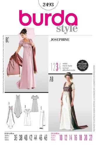 Burda 2493 Schnittmuster KostŸm Fasching Karneval Empire-Kleid (Damen, Gr, 36-48) Level 3 mittel