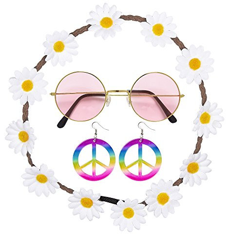 W WIDMANN MILANO Party Fashion 95718 - Hippie Set, Blumenhaarband, Ohrringe und Brille, Flower-Power, Gänseblümchen, Peace-Zeichen, 50er und 60er Jahre, Mottoparty, Beachparty, Karneval