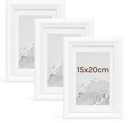 WOLTU Bilderrahmen 15x20cm 3er Set Fotorahmen Holzrahmen mit Passepartout, zum vertikalen oder horizontalen Aufhängen/Aufstellen, Posterrahmen Collage Wanddeko, Weiß