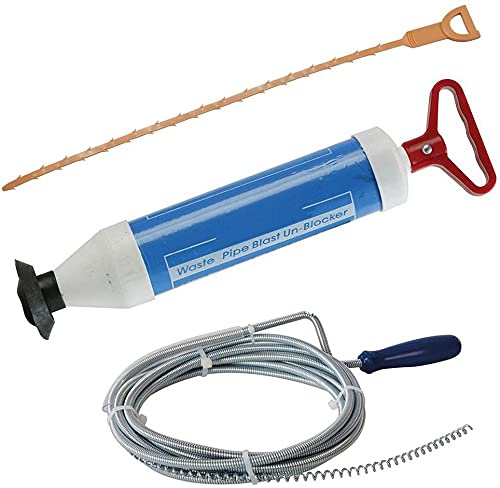 Set of 3 Tools for All of Your Drain Unblocking Needs - Drain Blaster Pump, Drain Cleaning Tool and Drain Auger