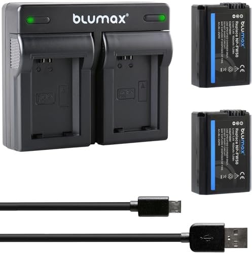 Blumax 2 x Battery NP-FW50 | 950 mAh + Mini Dual Charger | Sony Alpha7 / 7ii / 6500/6300 / 6000/5100 NEX-7 NEX-6 NEX-F3 NEX-3 Nex-5 NEX-5N NEX-5T SLT A55V A33 A35 A3 A35 A337