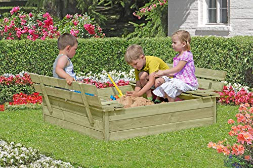Sandkasten/Sandbox mit Abdeckung und Sitzbänken 120x120x25cm Kiefernholz Holz KDI