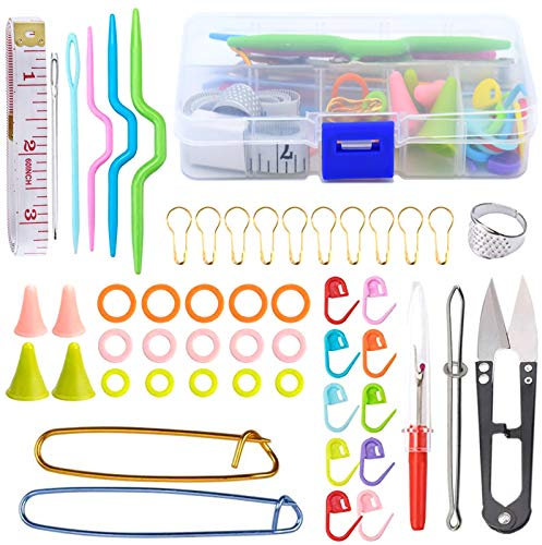 YMWALK 56Pcs Strickwerkzeuge Zubehör, Strick- und Häkelzubehör Grundlegende Nähstrickwerkzeuge Set Nadeln Stichhalter Markierungen Unpicker Häkeln Starter Kit mit Etui für Anfänger