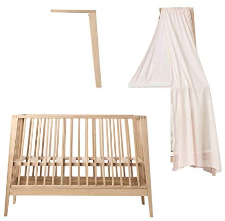 Linea Babybett in Eiche mit Himmelgestell Eiche und Himmel dusty rose OHNE MATRATZE