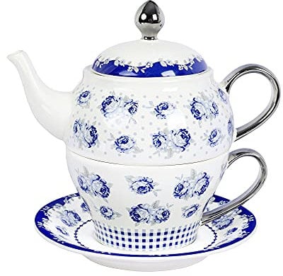 fanquare Juego de Té de Porcelana para Una Persona, Tetera de Rosas Azules y Lunares, El Mjor Regalo para Cumpleaños o Boda.