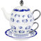 fanquare Juego de Té de Porcelana para Una Persona, Tetera de Rosas Azules y Lunares, El Mjor Regalo para Cumpleaños o Boda.