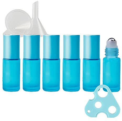TIANZD 6 Pcs, 5ml Empty Frosted Light Blue Glass Essential Oil Roller Bottles with Alu Screw Cap Roll on Bottles Rollerball Bottle for Essential Oil Perfume, 1x Funnel 1x Opener